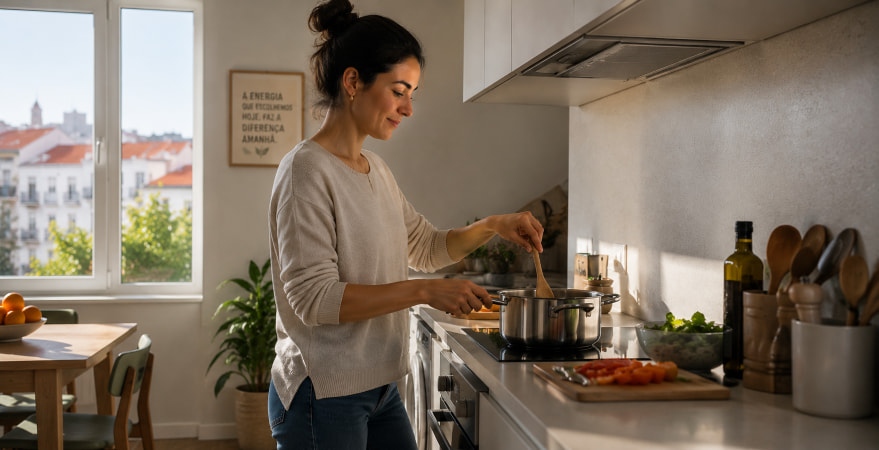 Pessoa a cozinhar nas horas cheias