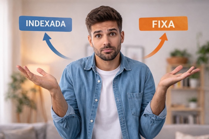 Português indeciso comparando tarifa indexada e tarifa fixa de eletricidade em casa